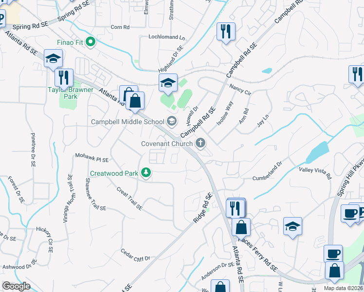 map of restaurants, bars, coffee shops, grocery stores, and more near 113 Rondak Circle in Smyrna