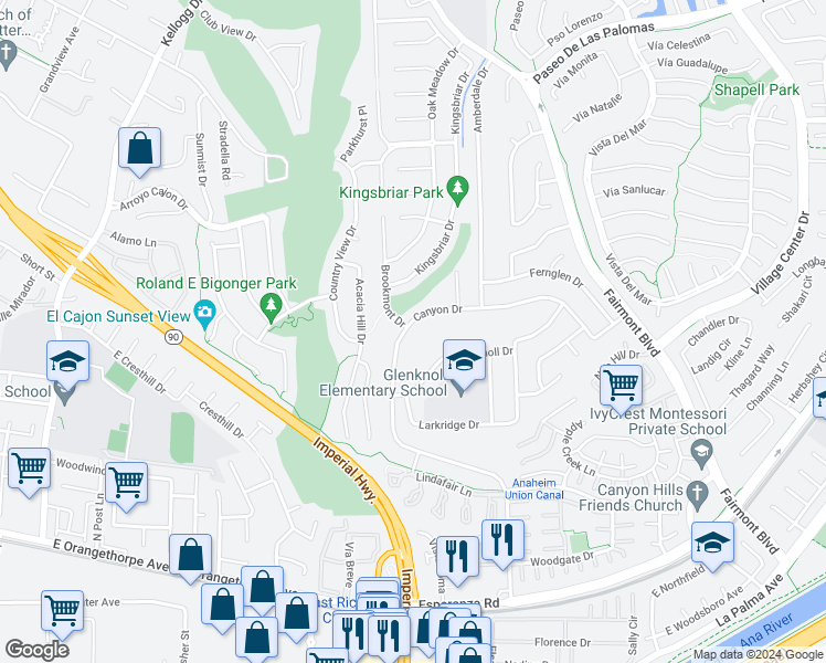map of restaurants, bars, coffee shops, grocery stores, and more near 6200 Fairlynn Boulevard in Yorba Linda