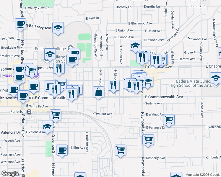 map of restaurants, bars, coffee shops, grocery stores, and more near 127 North Yale Avenue in Fullerton