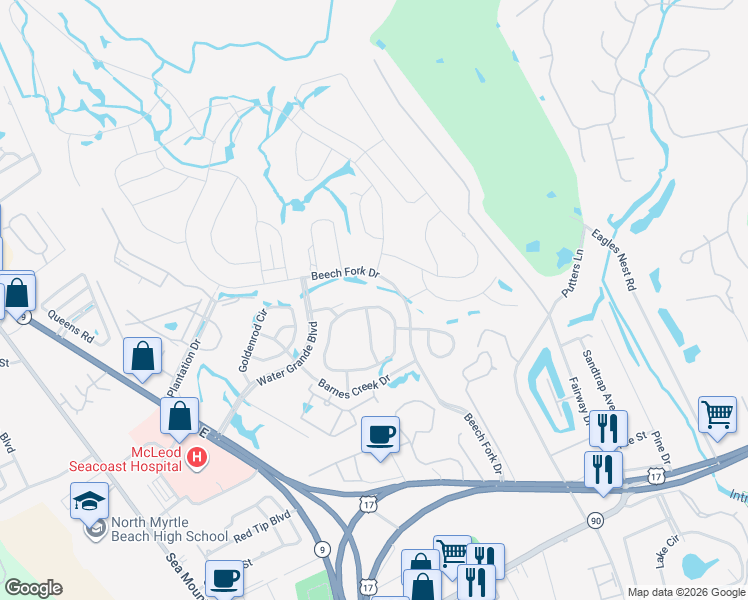 map of restaurants, bars, coffee shops, grocery stores, and more near 319 Switchgrass Loop in Little River