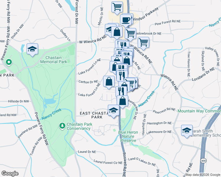 map of restaurants, bars, coffee shops, grocery stores, and more near 4266 Roswell Road Northeast in Atlanta