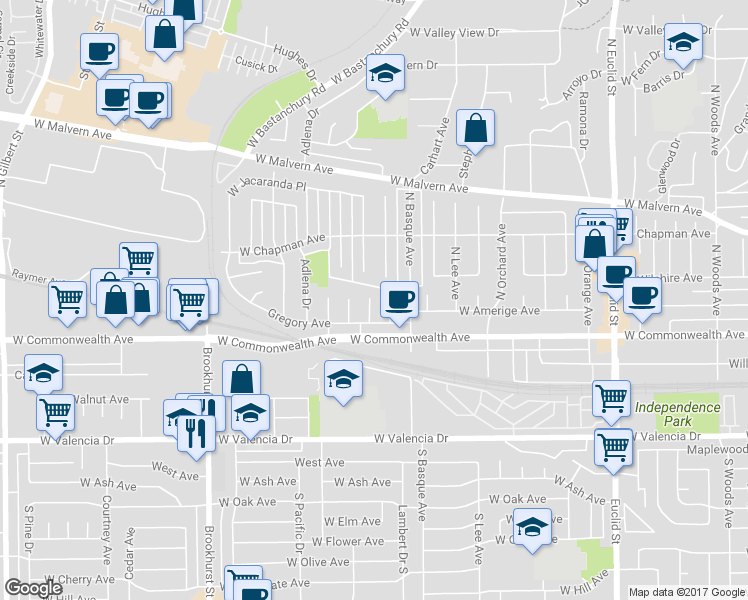 map of restaurants, bars, coffee shops, grocery stores, and more near 220 North Alberta Place in Fullerton