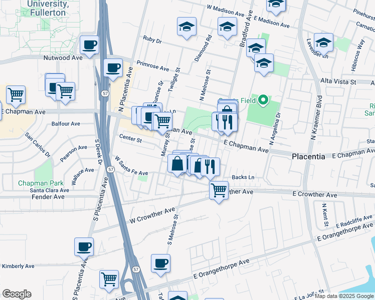 map of restaurants, bars, coffee shops, grocery stores, and more near 133 South Melrose Street in Placentia