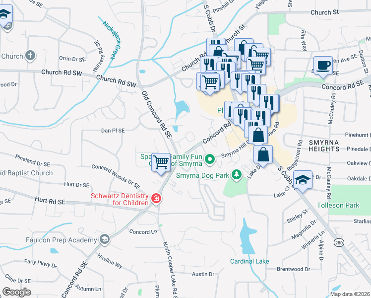 map of restaurants, bars, coffee shops, grocery stores, and more near 613 Concord Road Southeast in Smyrna