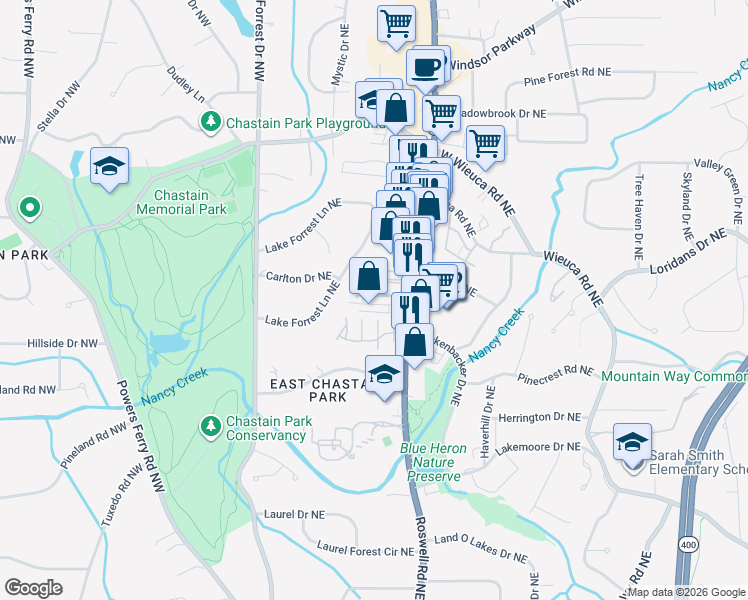 map of restaurants, bars, coffee shops, grocery stores, and more near 4266 Roswell Road Northeast in Atlanta