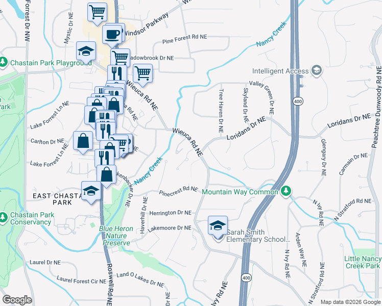 map of restaurants, bars, coffee shops, grocery stores, and more near 4288 Olde Mill Lane in Atlanta