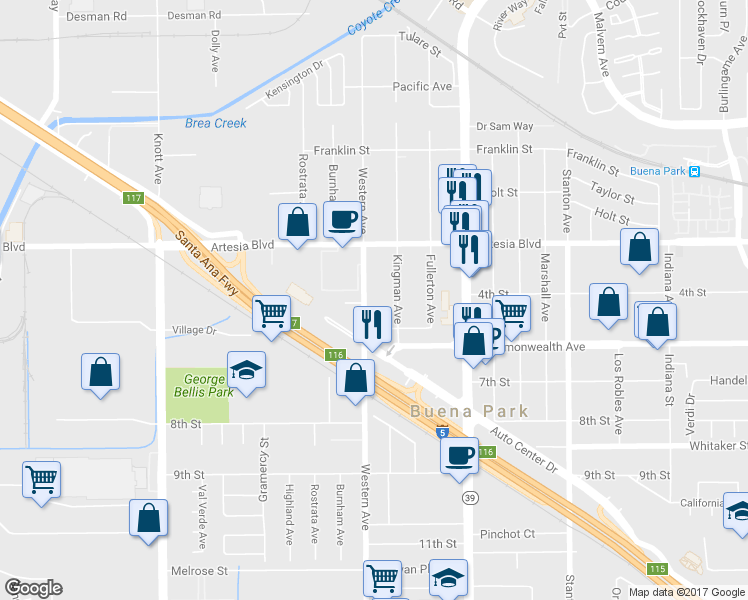 map of restaurants, bars, coffee shops, grocery stores, and more near 6132 Western Avenue in Buena Park
