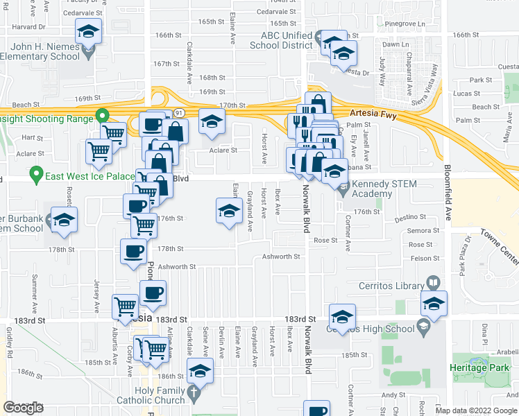map of restaurants, bars, coffee shops, grocery stores, and more near 17513 Horst Avenue in Artesia