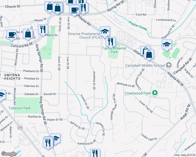 map of restaurants, bars, coffee shops, grocery stores, and more near 3345 Pinetree Drive Southeast in Smyrna