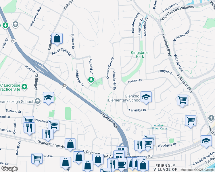 map of restaurants, bars, coffee shops, grocery stores, and more near 6161 Country View Drive in Yorba Linda