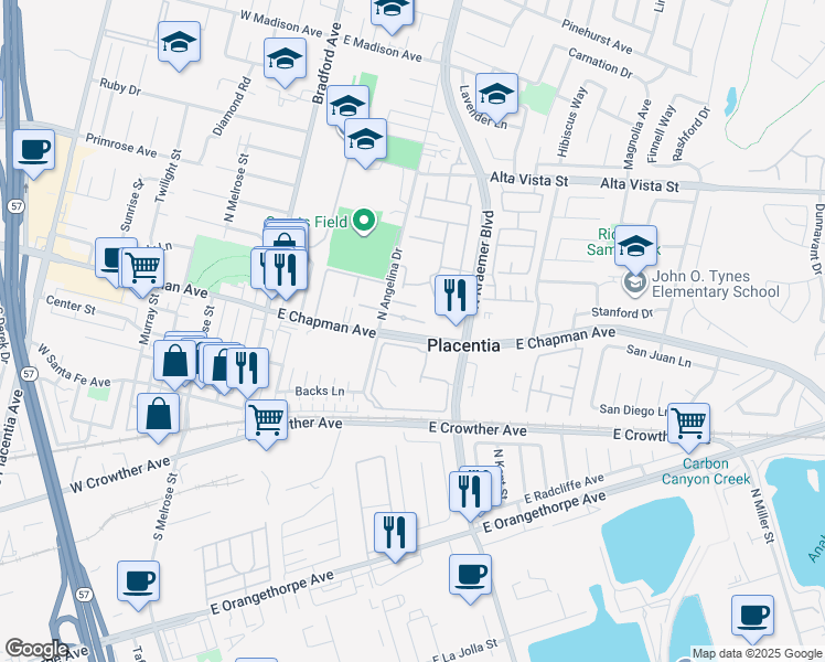 map of restaurants, bars, coffee shops, grocery stores, and more near 313 East Chapman Avenue in Placentia