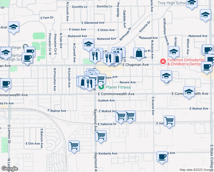 map of restaurants, bars, coffee shops, grocery stores, and more near 125 North Montague Avenue in Fullerton