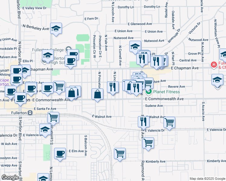 map of restaurants, bars, coffee shops, grocery stores, and more near 128 North Lincoln Avenue in Fullerton