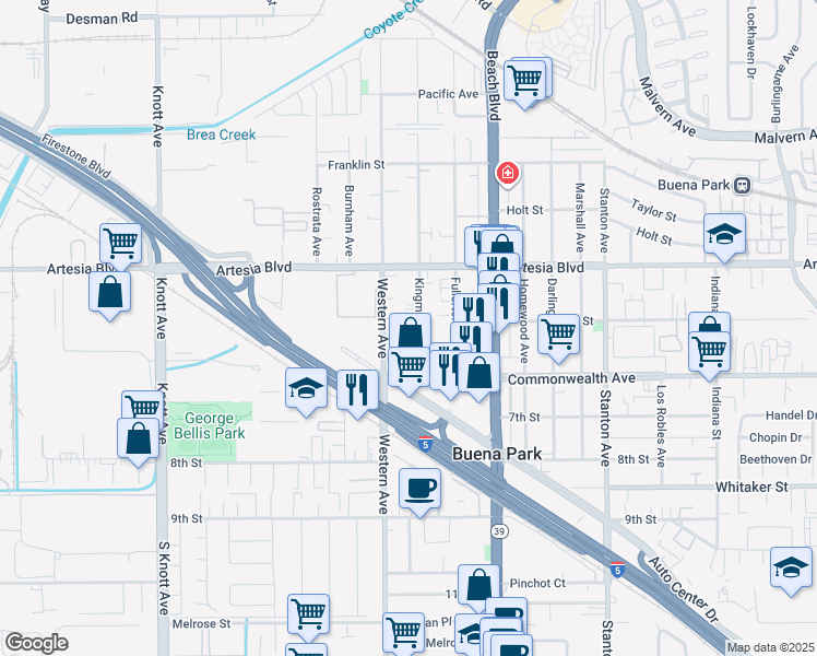 map of restaurants, bars, coffee shops, grocery stores, and more near 6132 Western Avenue in Buena Park
