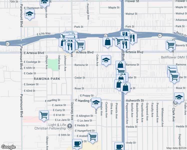 map of restaurants, bars, coffee shops, grocery stores, and more near 8647 Cedar Street in Bellflower
