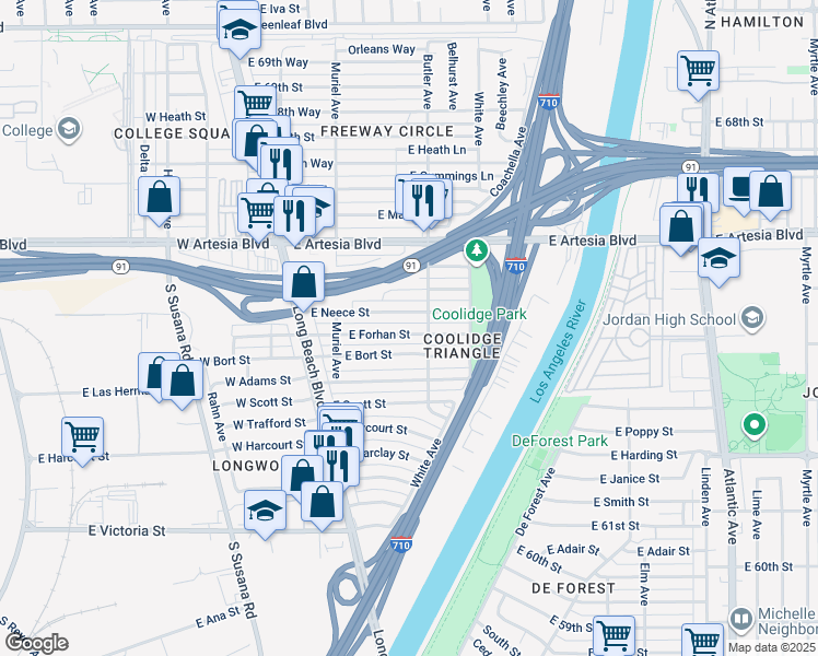 map of restaurants, bars, coffee shops, grocery stores, and more near 281 East Forhan Street in Long Beach