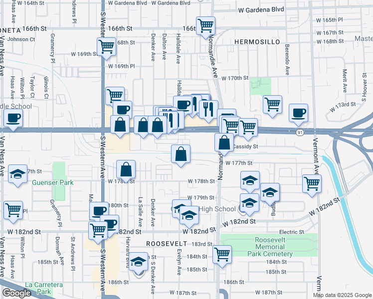 map of restaurants, bars, coffee shops, grocery stores, and more near 1514 West Artesia Square in Gardena
