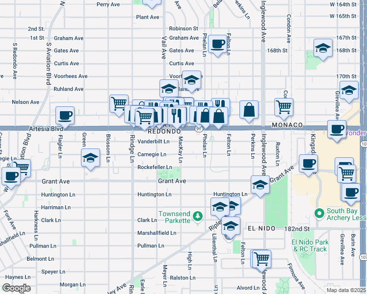map of restaurants, bars, coffee shops, grocery stores, and more near 2404 Vanderbilt Lane in Redondo Beach