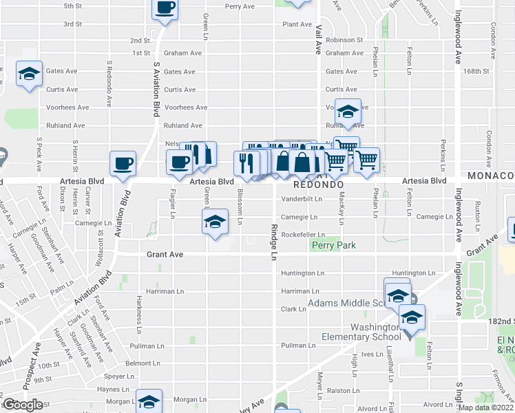 map of restaurants, bars, coffee shops, grocery stores, and more near 2109 Carnegie Lane in Redondo Beach