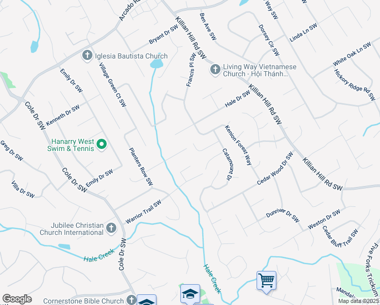 map of restaurants, bars, coffee shops, grocery stores, and more near 4506 Town Crier Road Southwest in Lilburn