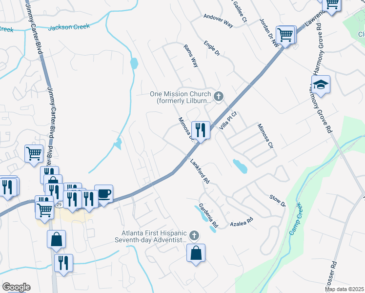map of restaurants, bars, coffee shops, grocery stores, and more near 233 Linda Drive Northwest in Tucker