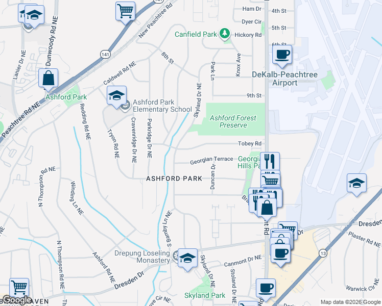 map of restaurants, bars, coffee shops, grocery stores, and more near 1767 Tobey Road in Chamblee