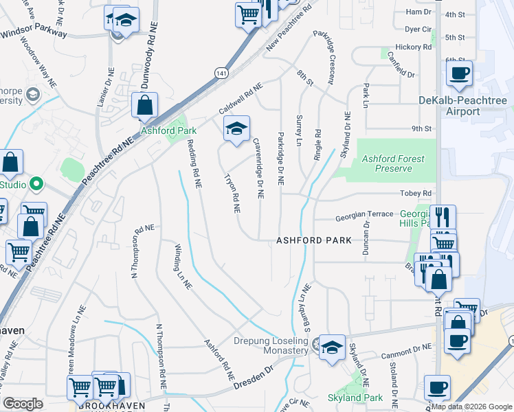 map of restaurants, bars, coffee shops, grocery stores, and more near 2864 Cravenridge Drive Northeast in Atlanta