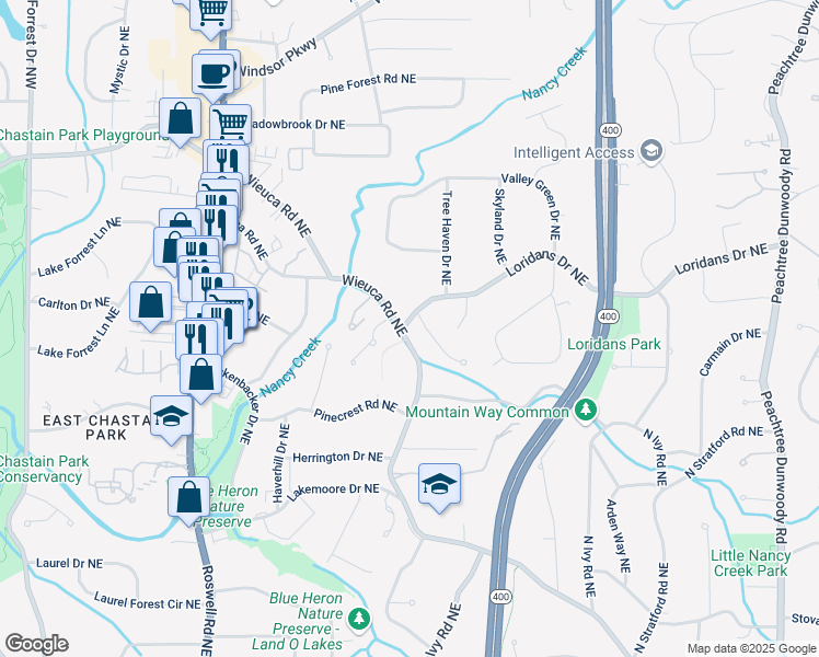 map of restaurants, bars, coffee shops, grocery stores, and more near 4373 Wieuca Road Northeast in Atlanta