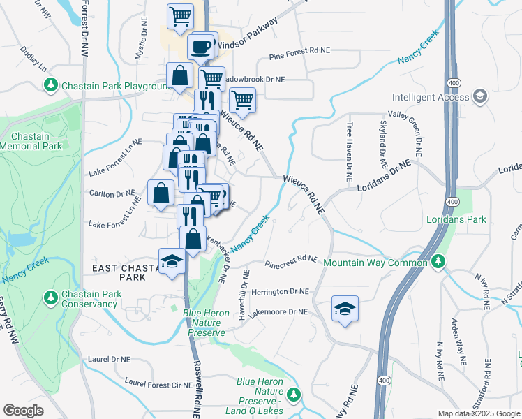 map of restaurants, bars, coffee shops, grocery stores, and more near 4293 Rickenbacker Way Northeast in Atlanta