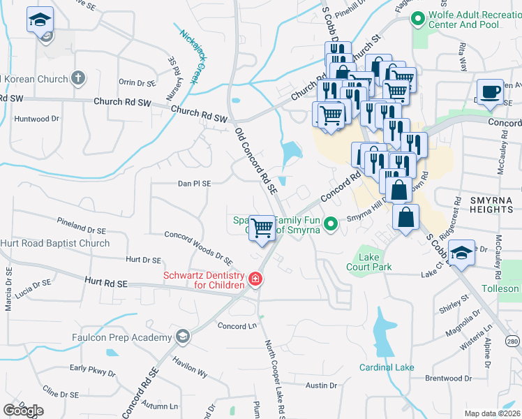 map of restaurants, bars, coffee shops, grocery stores, and more near 3366 Old Concord Road Southeast in Smyrna
