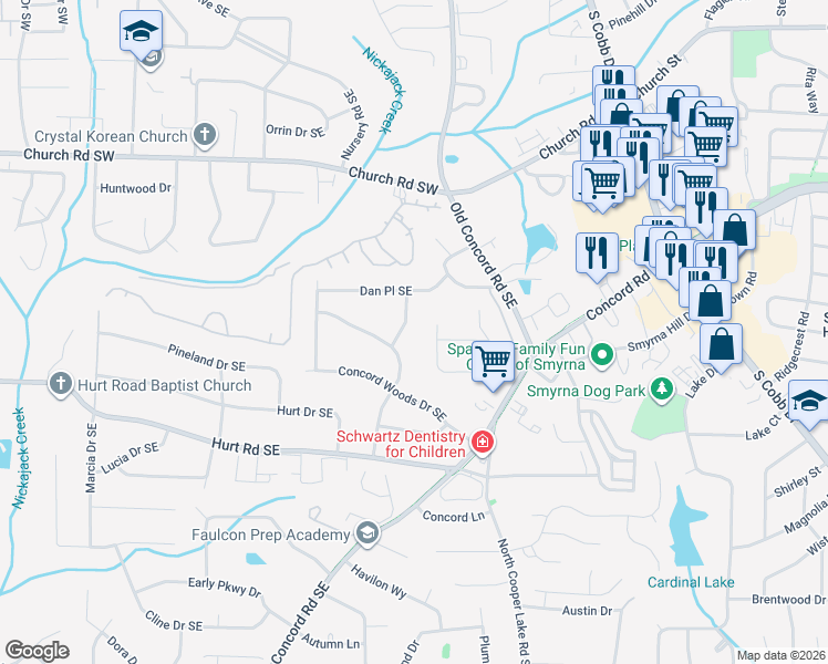 map of restaurants, bars, coffee shops, grocery stores, and more near 3371 Griffin Terrace in Smyrna