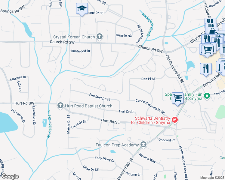 map of restaurants, bars, coffee shops, grocery stores, and more near 157 Ennisbrook Drive Southeast in Smyrna