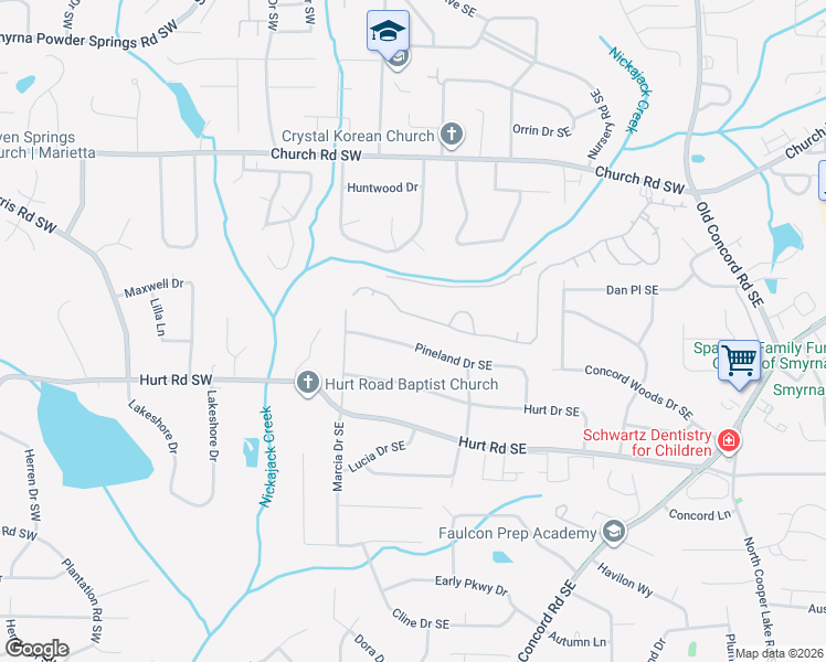 map of restaurants, bars, coffee shops, grocery stores, and more near 115 Pineland Drive Southeast in Smyrna