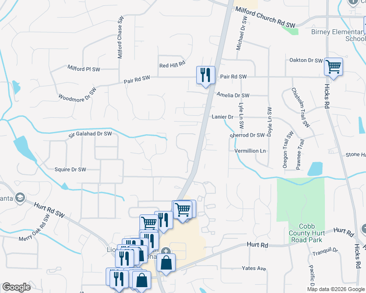 map of restaurants, bars, coffee shops, grocery stores, and more near 3376 Raes Creek Road in Marietta
