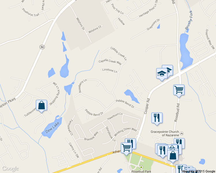 map of restaurants, bars, coffee shops, grocery stores, and more near 2257 Roseberry Lane in Grayson