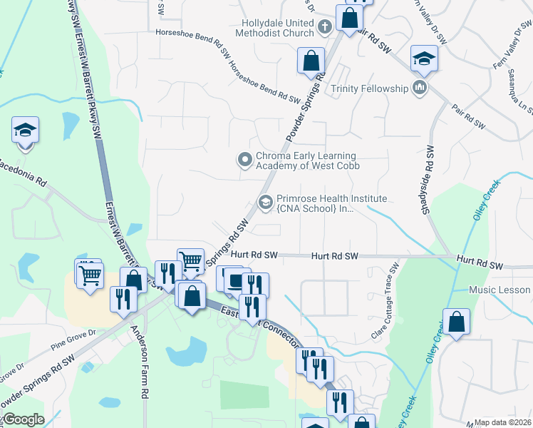 map of restaurants, bars, coffee shops, grocery stores, and more near 2483 Powder Springs Road Southwest in Marietta