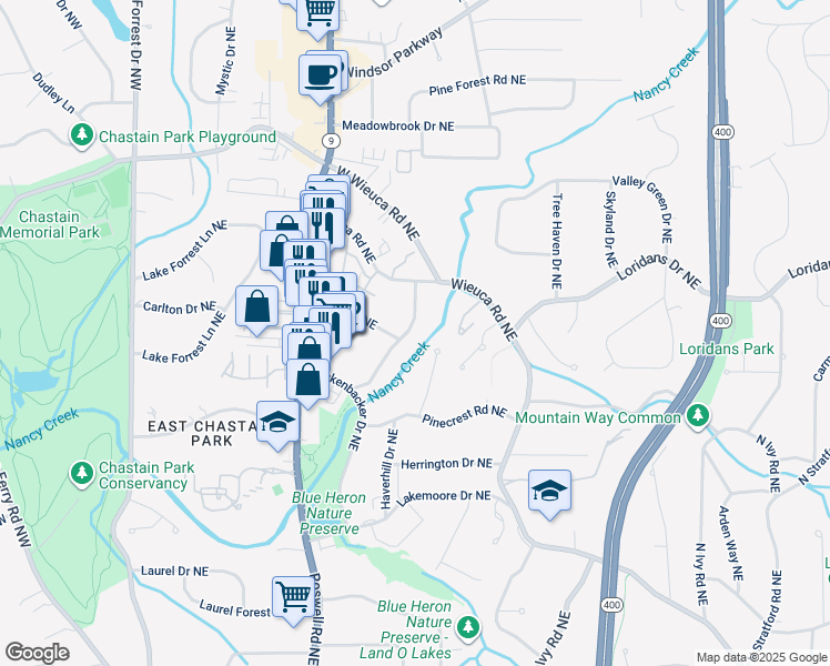 map of restaurants, bars, coffee shops, grocery stores, and more near 4293 Rickenbacker Way Northeast in Atlanta