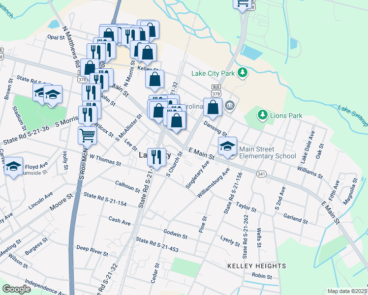 map of restaurants, bars, coffee shops, grocery stores, and more near 3 North Church Street in Lake City