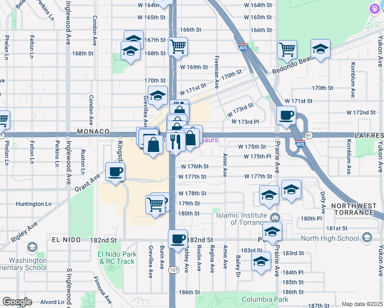 map of restaurants, bars, coffee shops, grocery stores, and more near 17542 Hawthorne Boulevard in Torrance