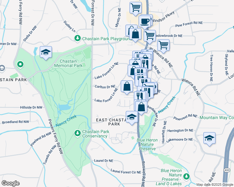 map of restaurants, bars, coffee shops, grocery stores, and more near 290 Lake Forrest Lane Northeast in Atlanta
