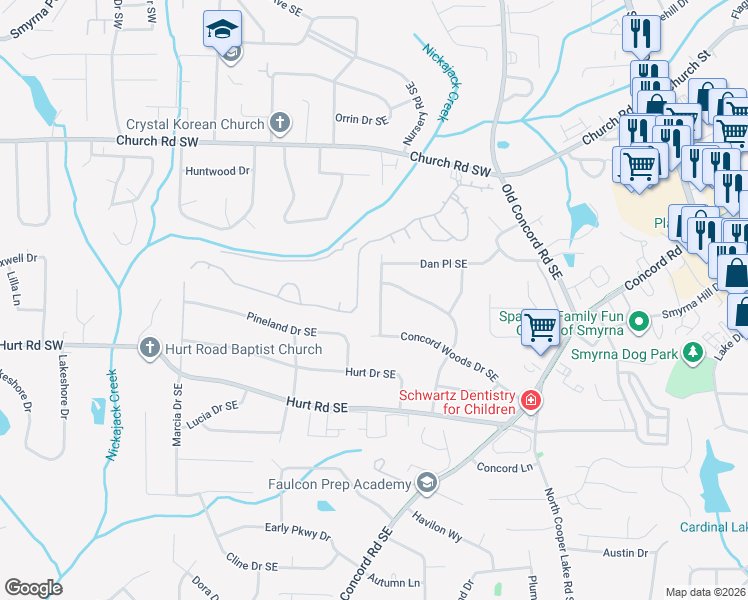 map of restaurants, bars, coffee shops, grocery stores, and more near 3380 Creek Valley Drive Southeast in Smyrna