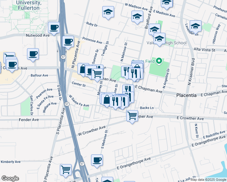 map of restaurants, bars, coffee shops, grocery stores, and more near 133 South Melrose Street in Placentia