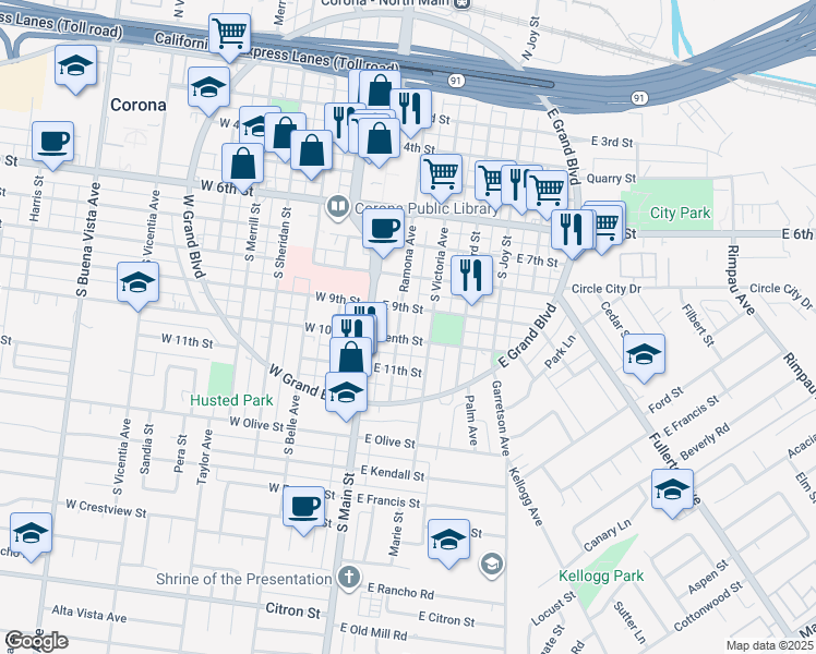 map of restaurants, bars, coffee shops, grocery stores, and more near 915 Ramona Avenue in Corona