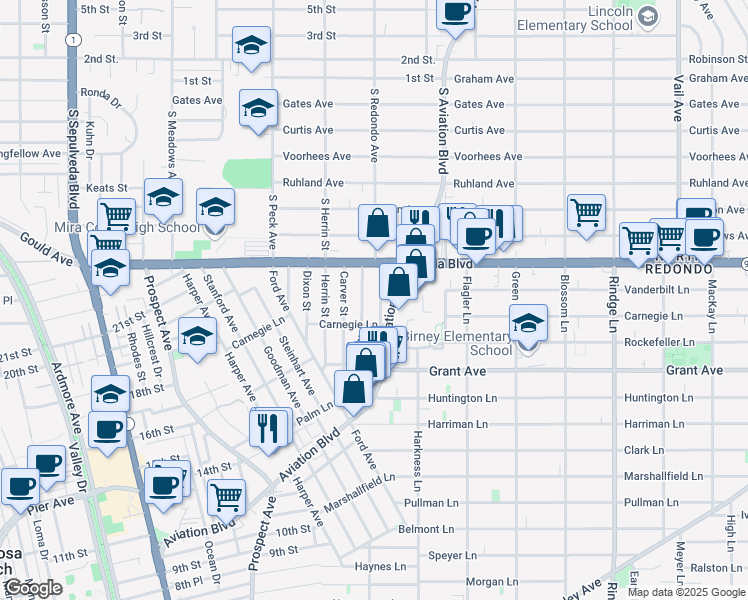 map of restaurants, bars, coffee shops, grocery stores, and more near 1723 Axenty Way in Redondo Beach