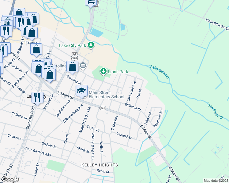 map of restaurants, bars, coffee shops, grocery stores, and more near 214 Nesmith St in Lake City