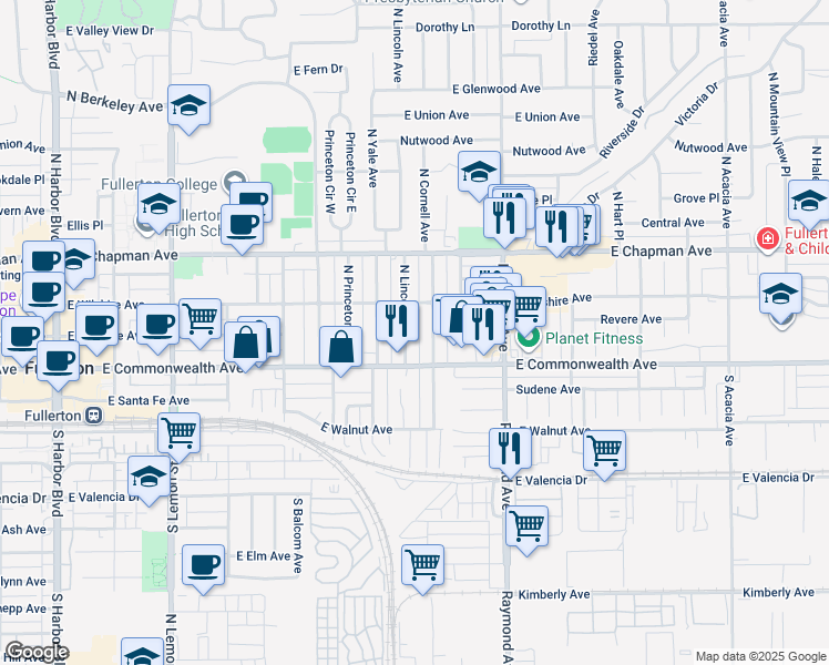 map of restaurants, bars, coffee shops, grocery stores, and more near 128 North Lincoln Avenue in Fullerton