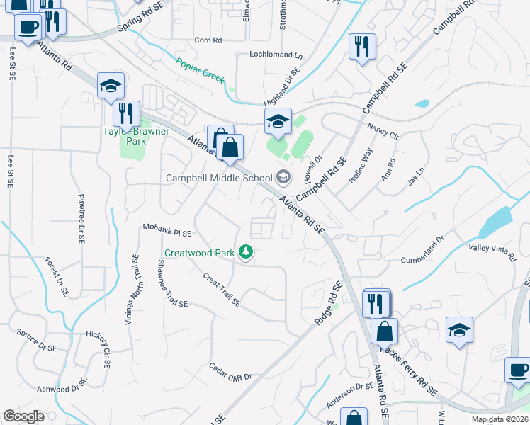 map of restaurants, bars, coffee shops, grocery stores, and more near 105 Ryan Way in Atlanta