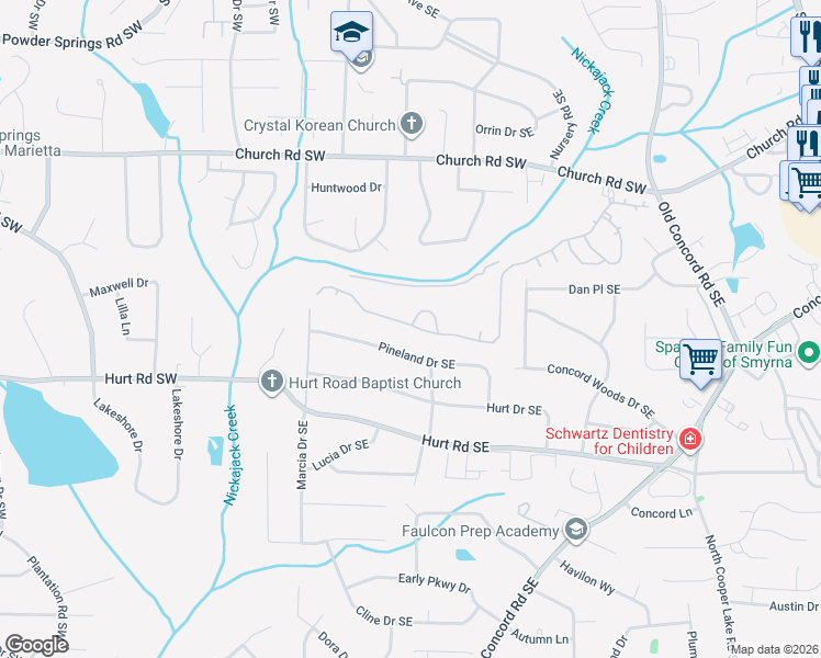map of restaurants, bars, coffee shops, grocery stores, and more near 142 Ennisbrook Drive Southeast in Smyrna
