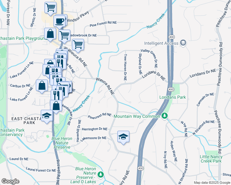 map of restaurants, bars, coffee shops, grocery stores, and more near 4373 Wieuca Road Northeast in Atlanta