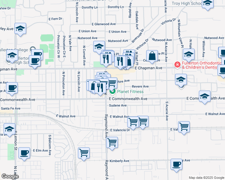 map of restaurants, bars, coffee shops, grocery stores, and more near 130 Raymond Avenue in Fullerton